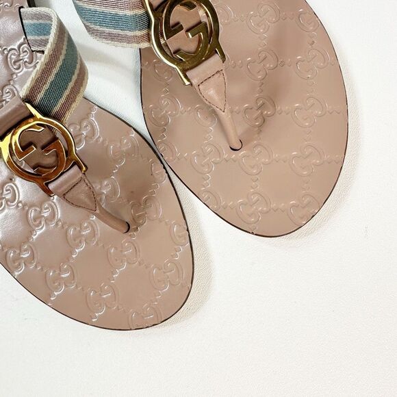 GUCCI Nude Web Stripe GG Sandal 37.5 Flat Flip Flop Leather Guccissima Embossed - Picture 4 of 13